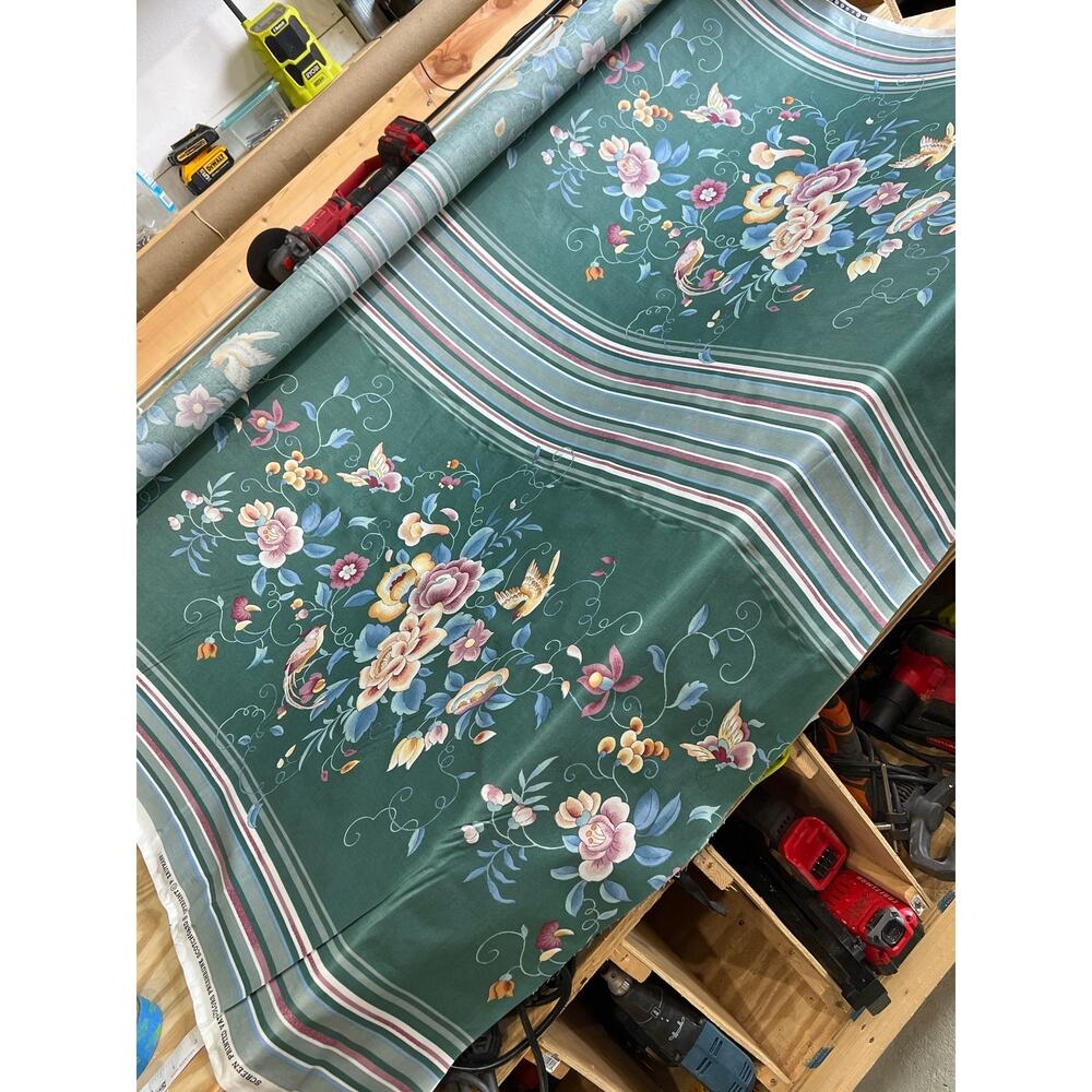 Vintage P Kaufmann Fabric Green Floral Stripe Birds Upholstery 5 Yards Classic